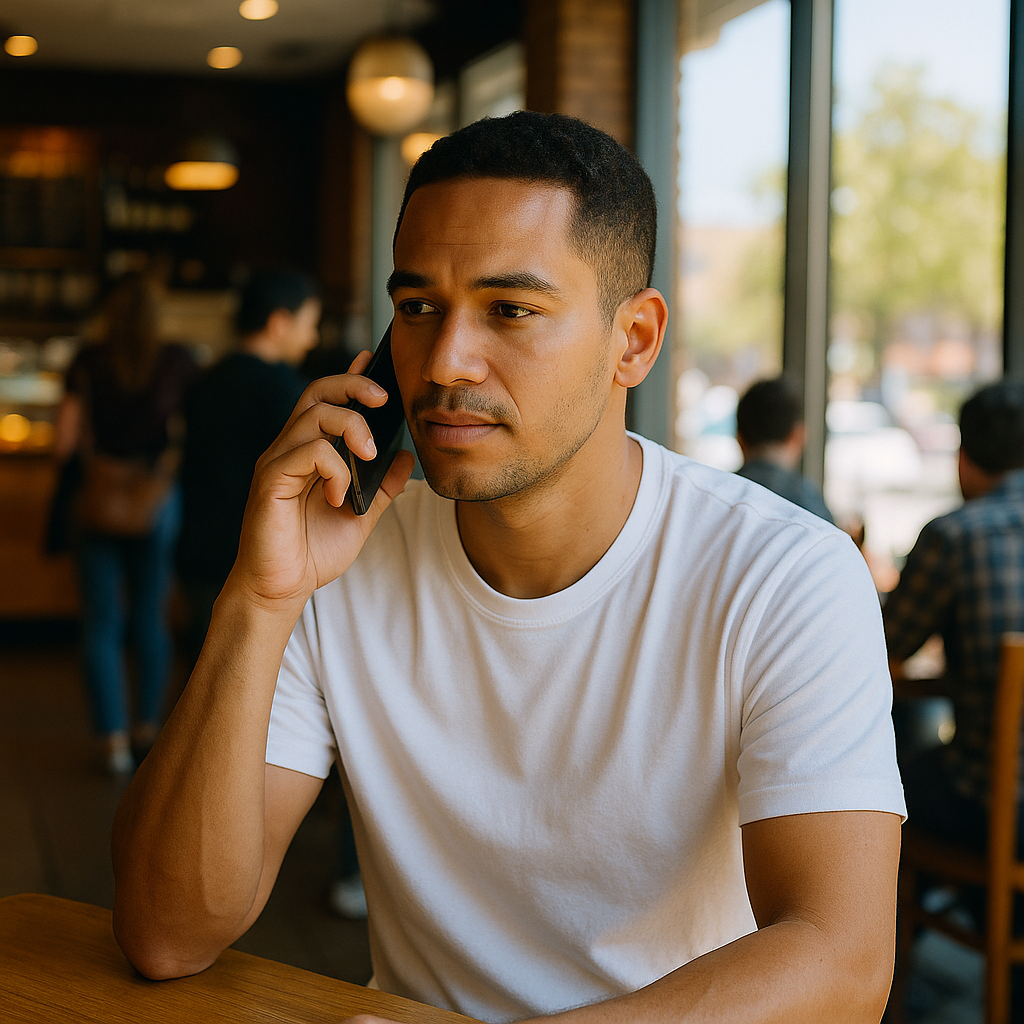 man holding a phone in a cafe
